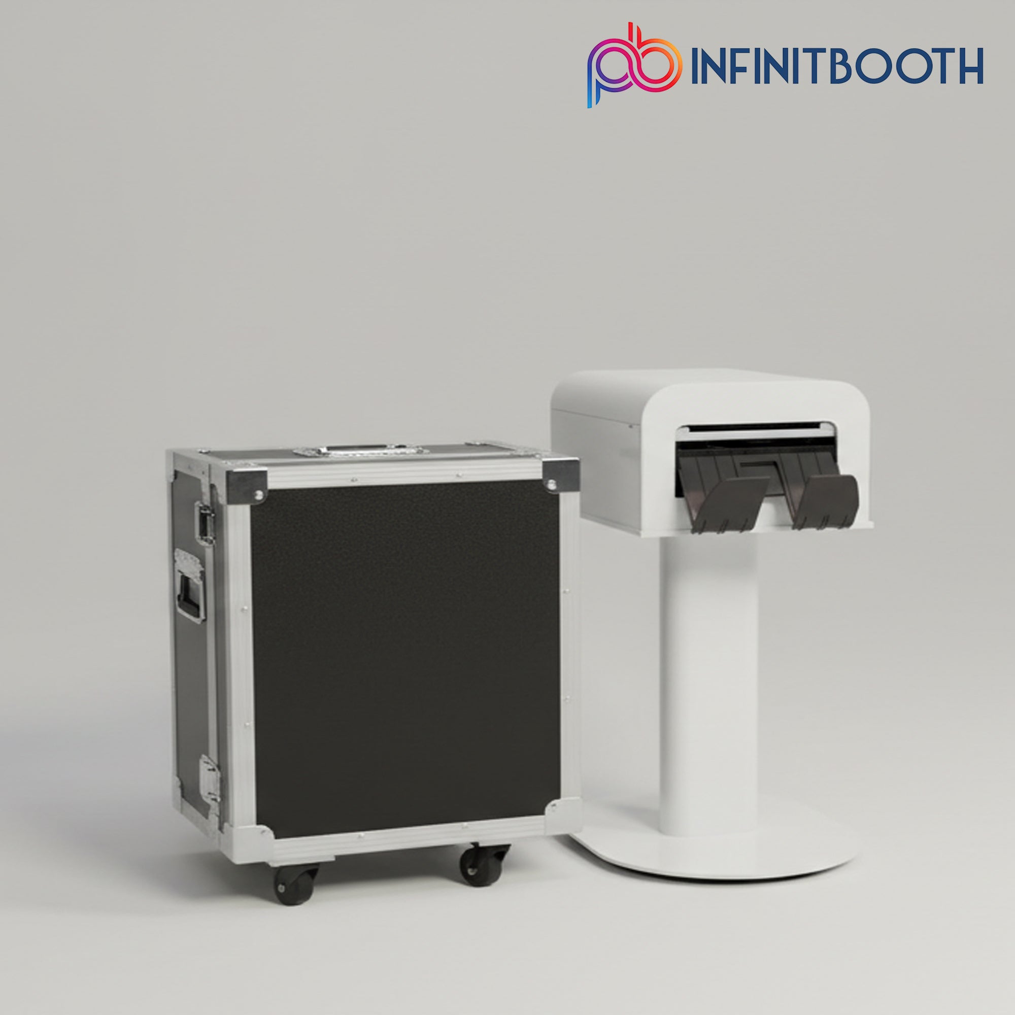 Portable photo booth with a black case on a gray background, featuring the Infinitbooth logo.
