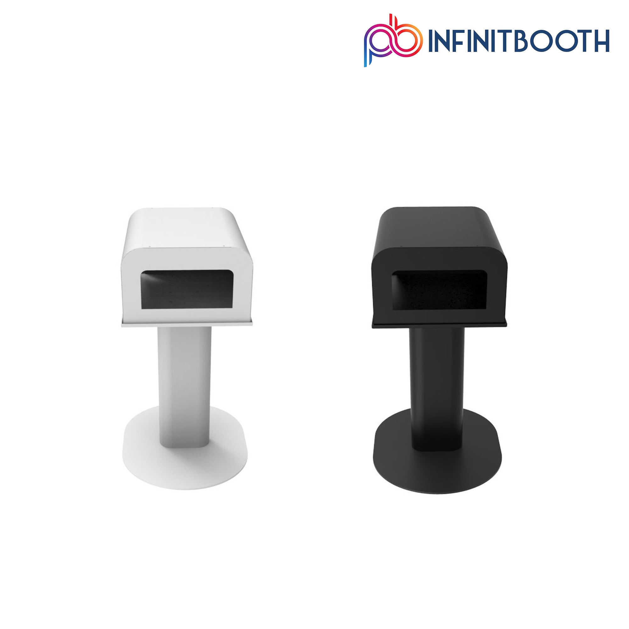 Two video conference booths, one white and one black, on a white background with 'INFINITBOOTH' branding.
