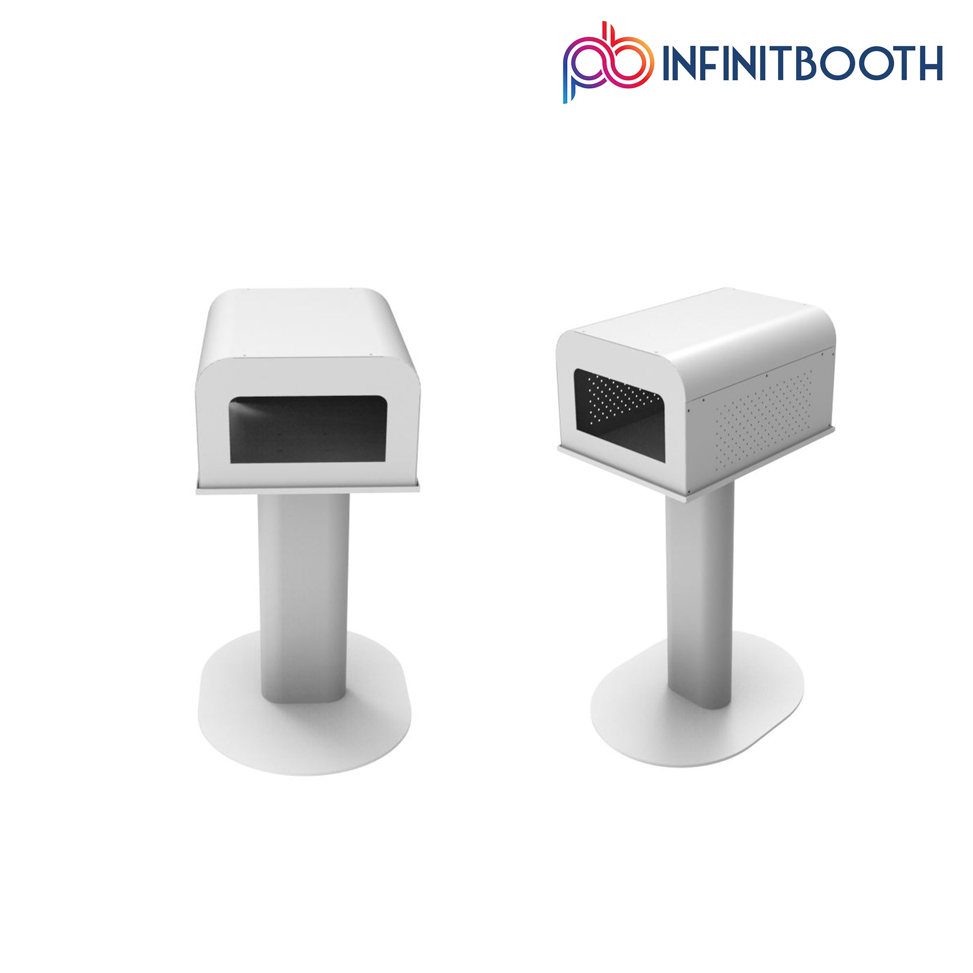 Two white video conferencing booths on a white background with 'INFINITBOOTH' branding.