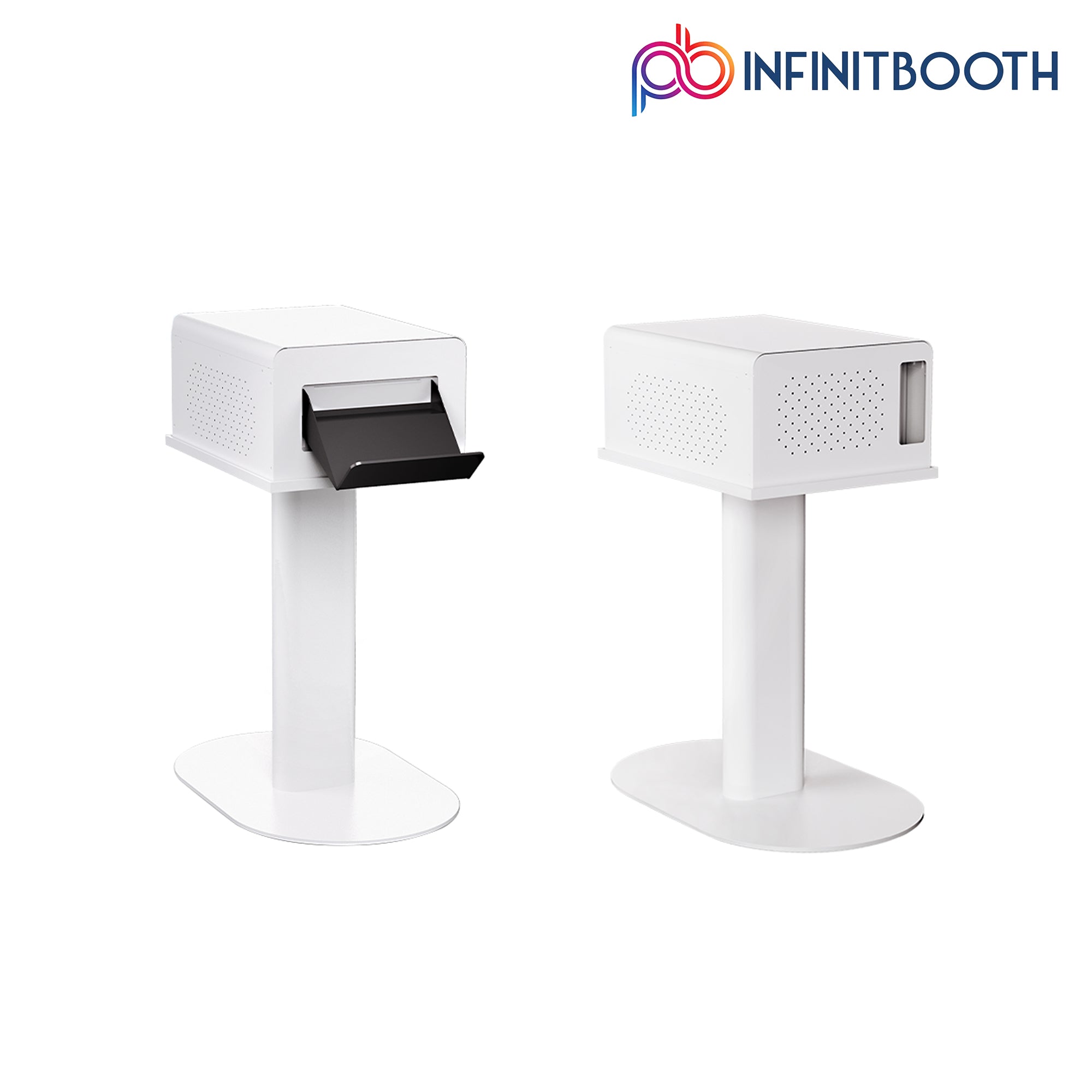 Two white stands with black components on a white background, featuring the Infinitbooth logo.