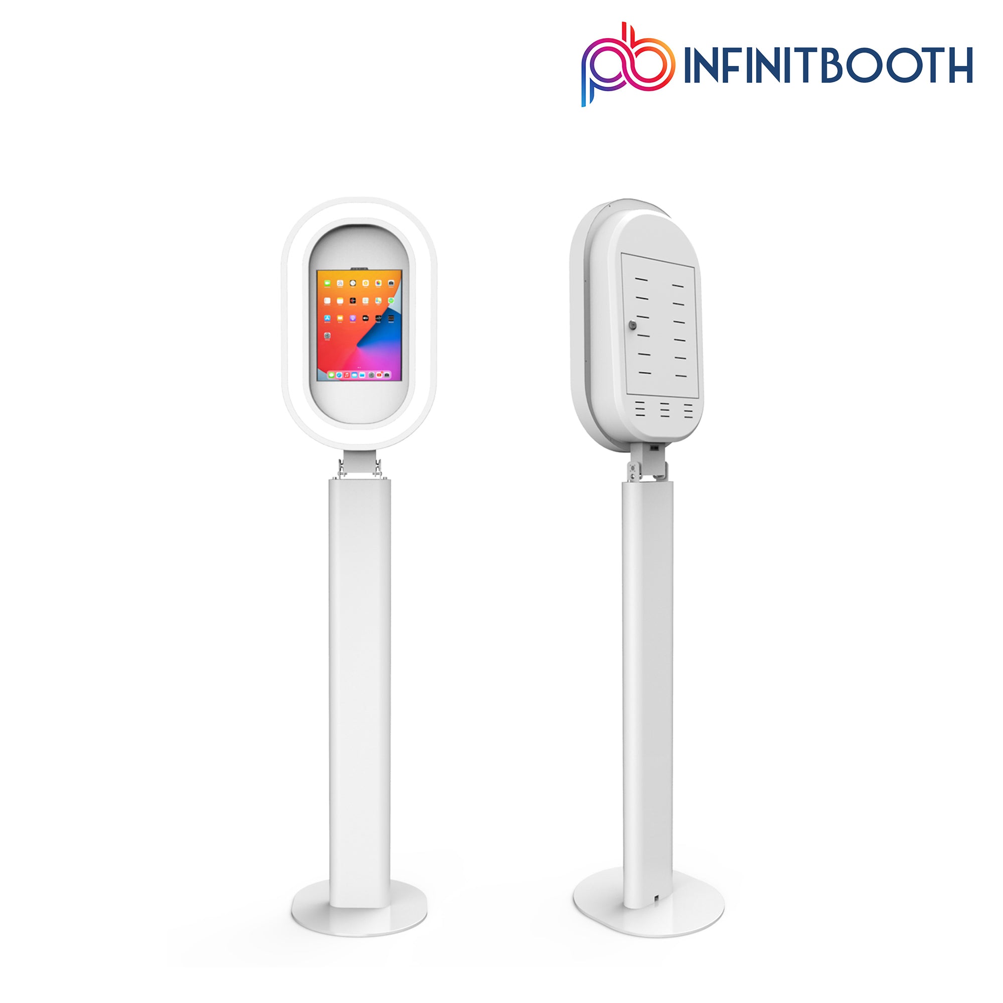 Vivid iPad photo booth shell with LED ring light for event rentals and photographers – ships worldwide