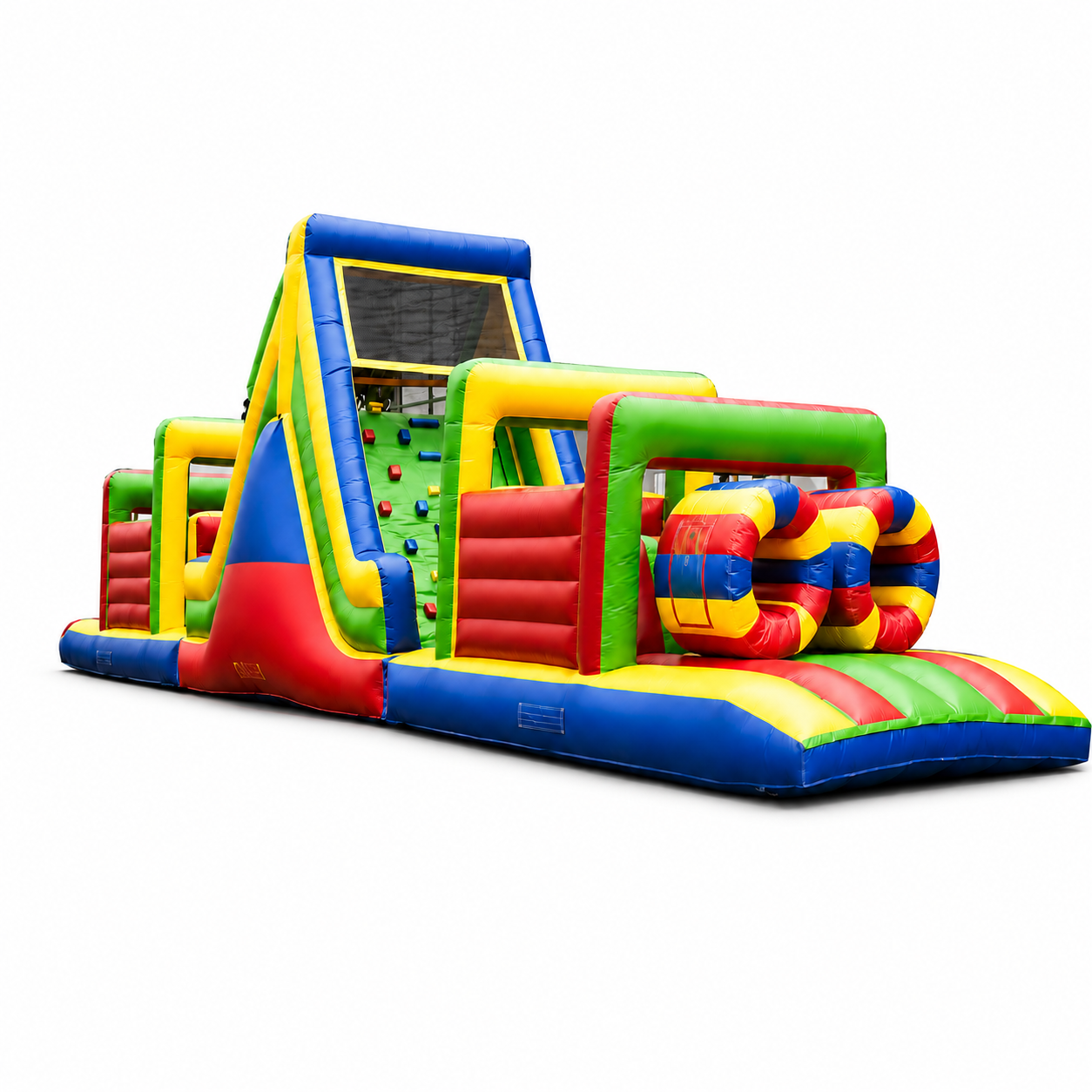 Commercial inflatable obstacle course with slide, climbing wall, obstacle elements and heavy-duty PVC construction on a clean white background, designed for rental businesses, schools, amusement centres, churches and event companies in Canada and the USA.