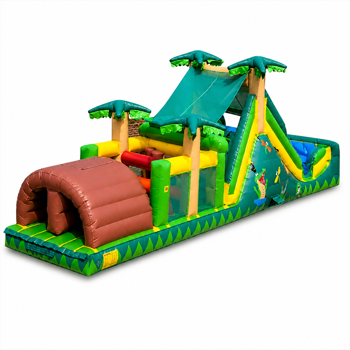 Commercial tropical inflatable obstacle course with slide, tunnel entrance, climbing features and heavy-duty PVC construction for rental businesses, event companies, amusement parks and commercial inflatable operators in Canada and the USA.
