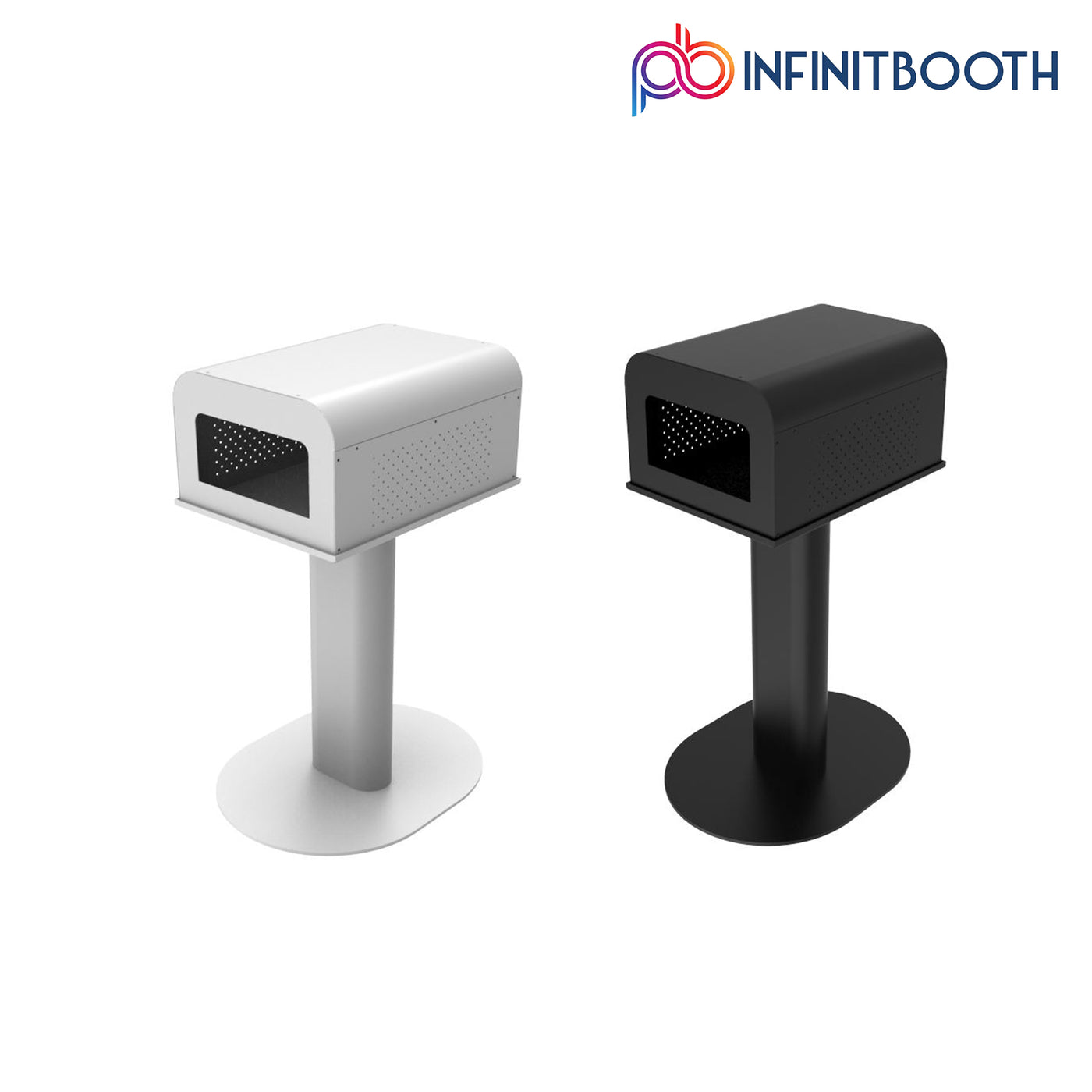 Two video conference booths, one white and one black, on a white background with 'INFINITBOOTH' branding.