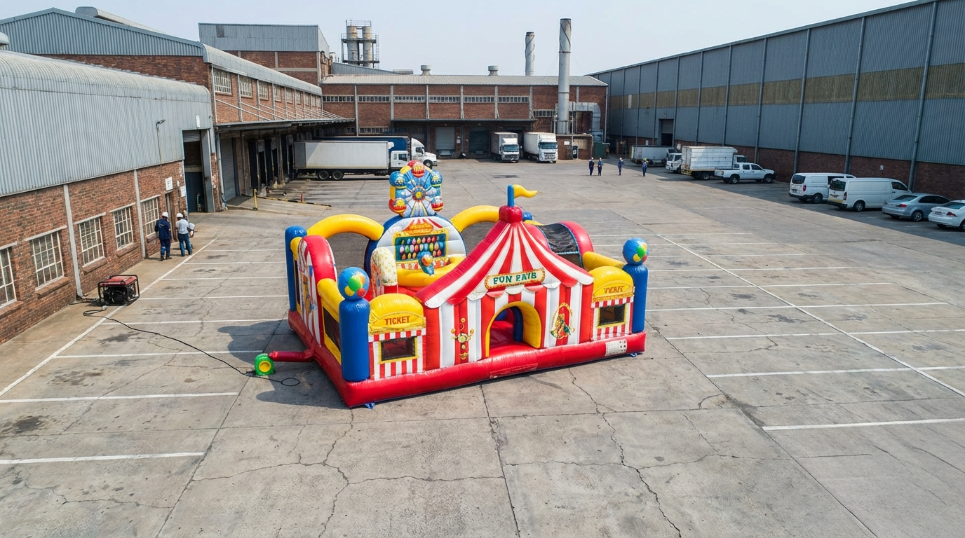 Colorful inflatable bounce house in a parking lot with industrial buildings in the background