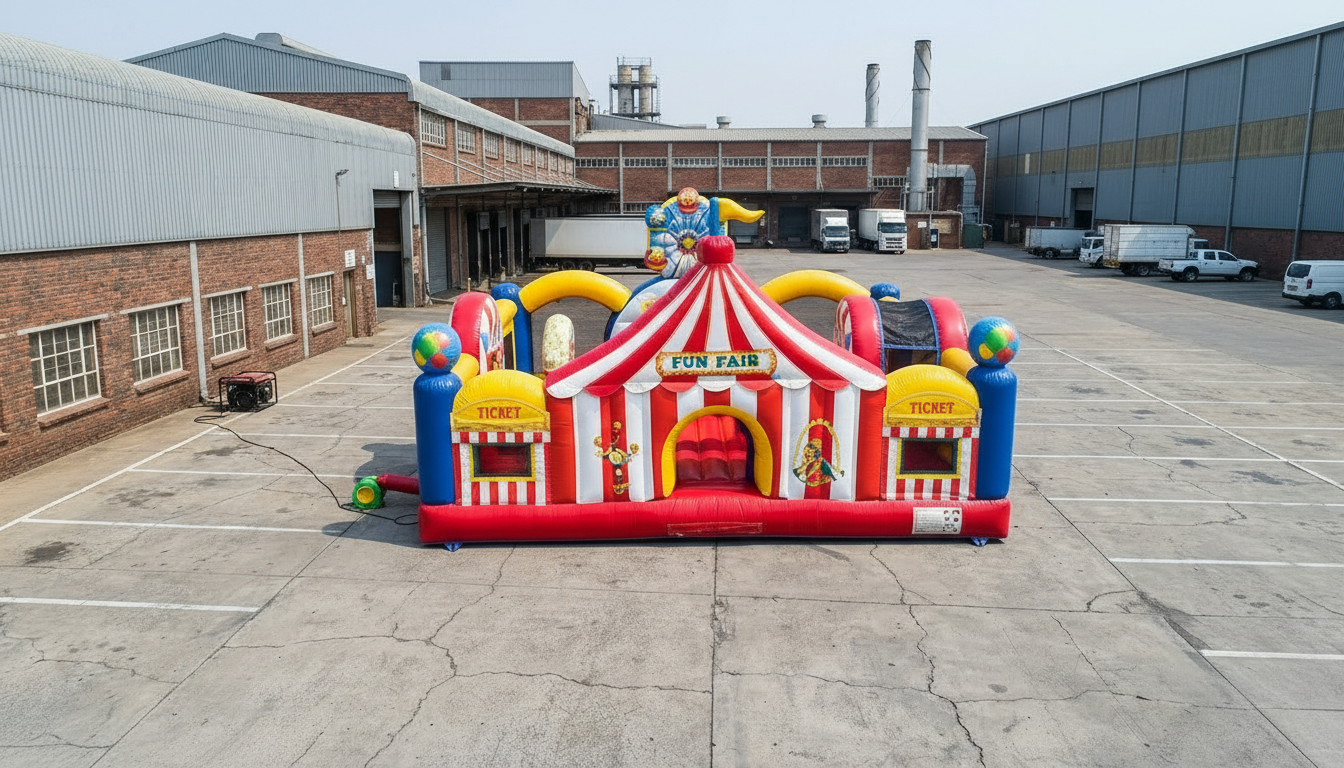Colorful inflatable funfair structure in an industrial area