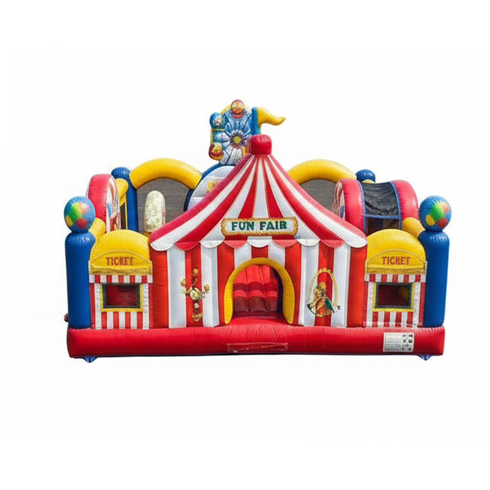 Colorful inflatable Fun Fair castle with circus theme on a white background