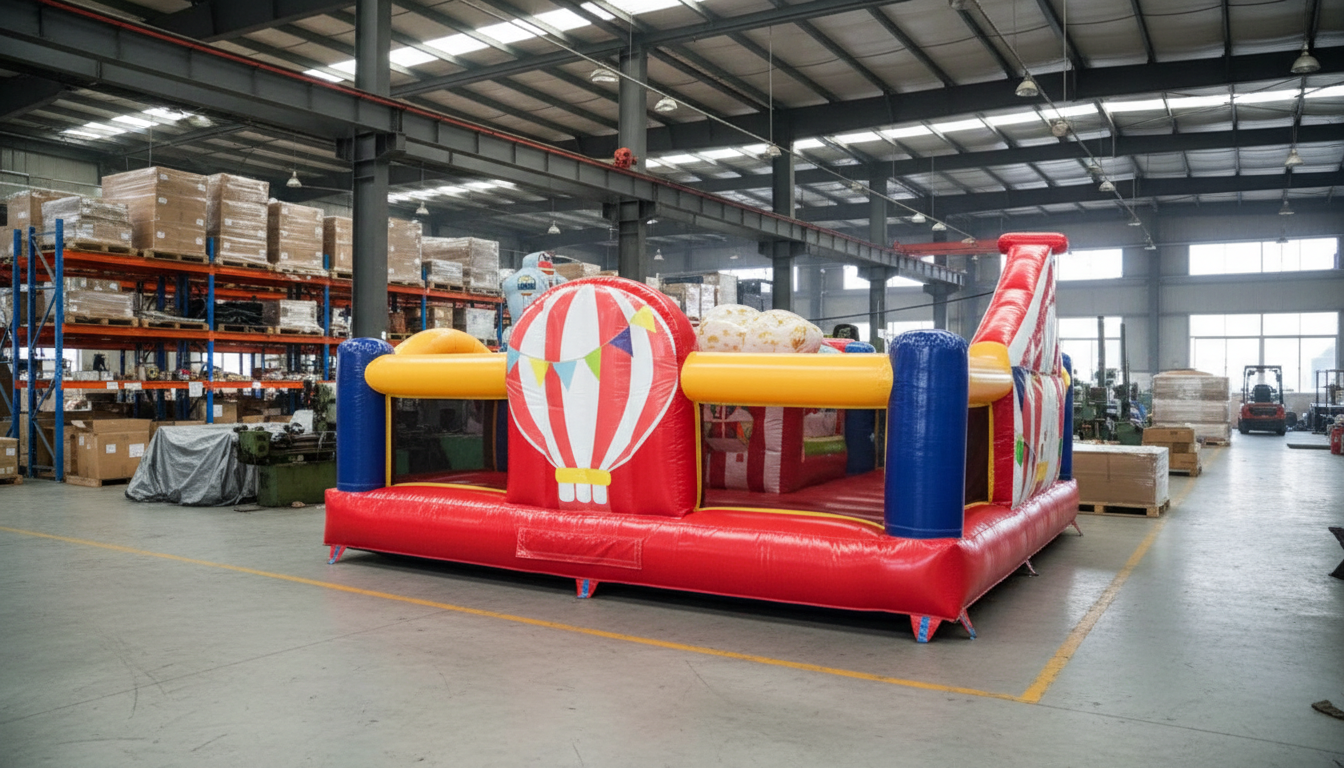Inflatable slide with colorful design in a warehouse setting
