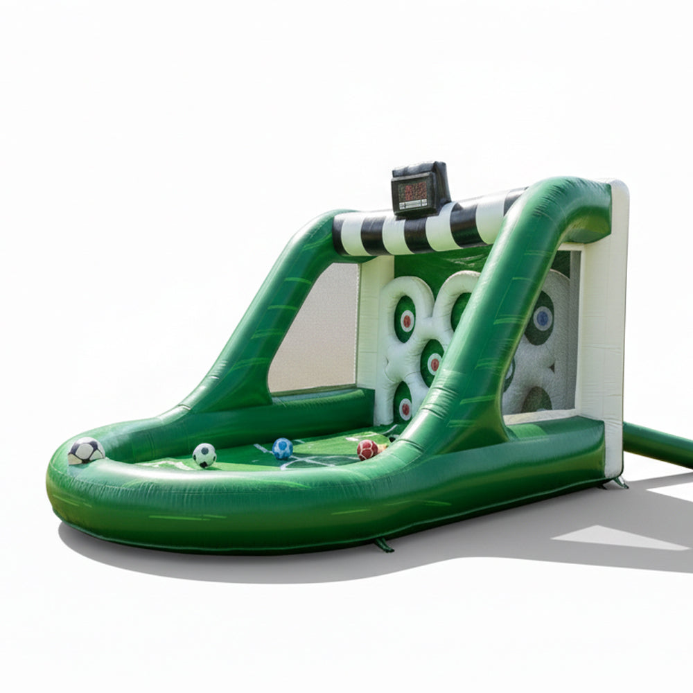 Inflatable sports game with a green slide and sports ball designs on a white background