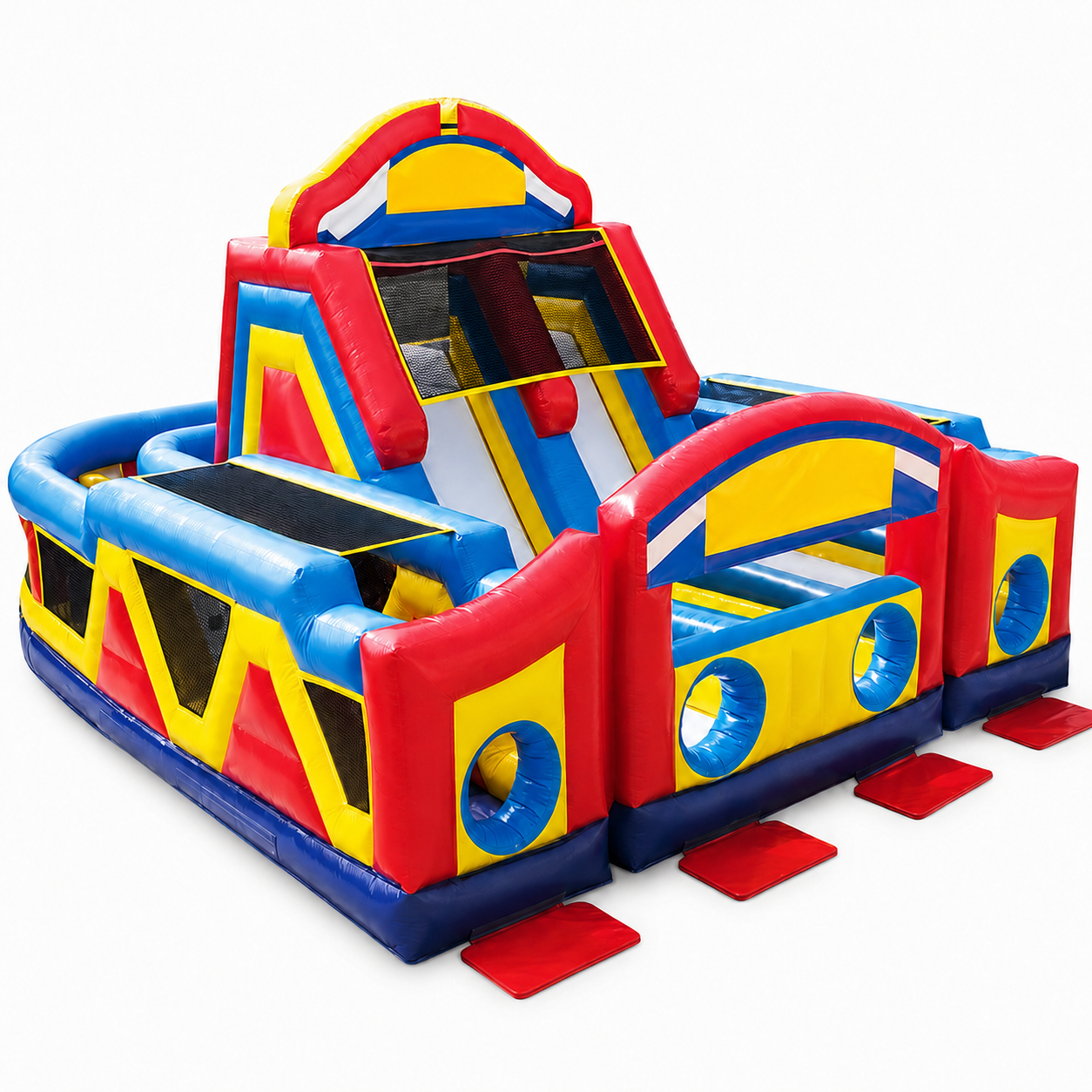 Commercial double-lane inflatable obstacle course with dual slides, crawl-through tunnels and red, yellow and blue PVC design