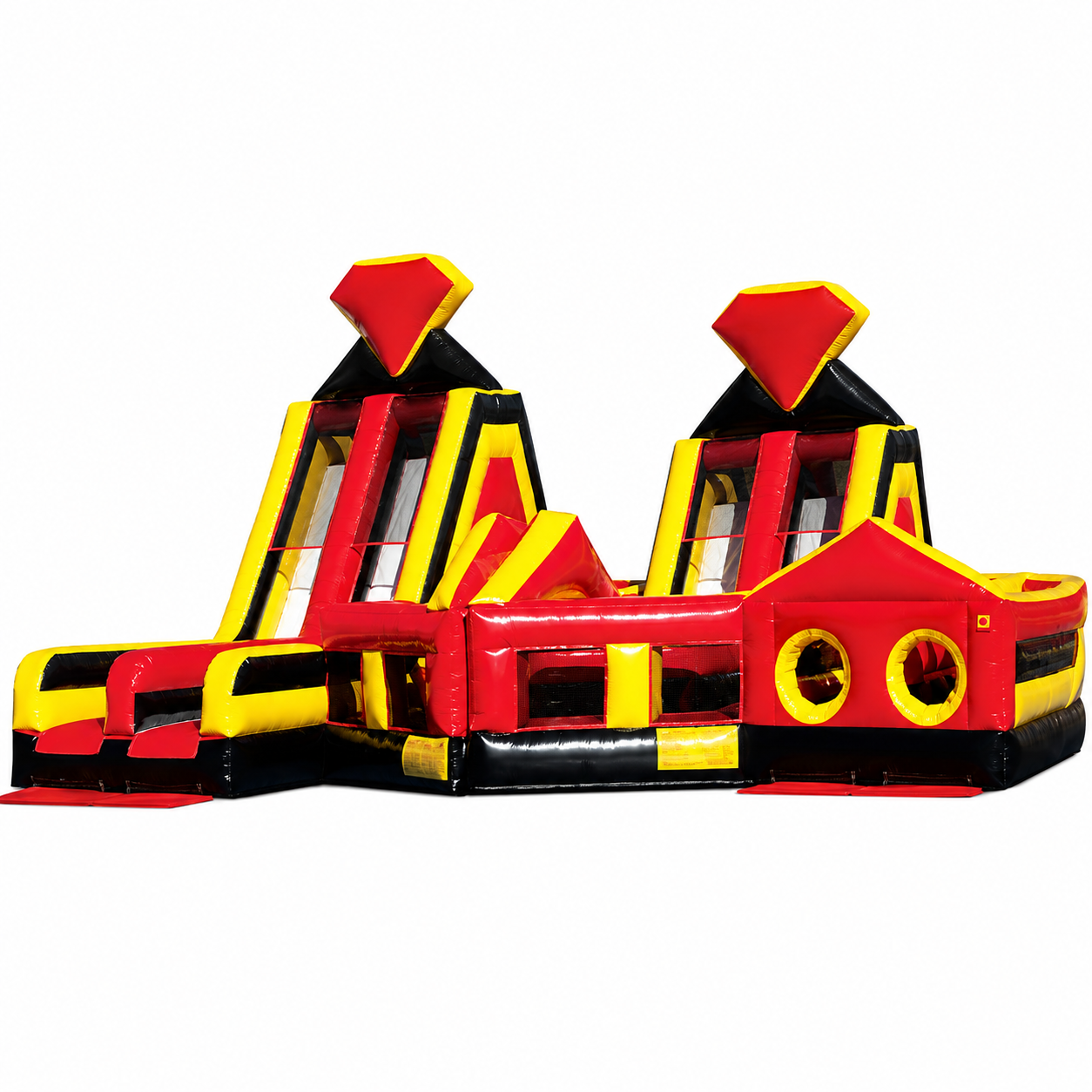 Commercial double slide inflatable obstacle course in red, yellow and black on a white background