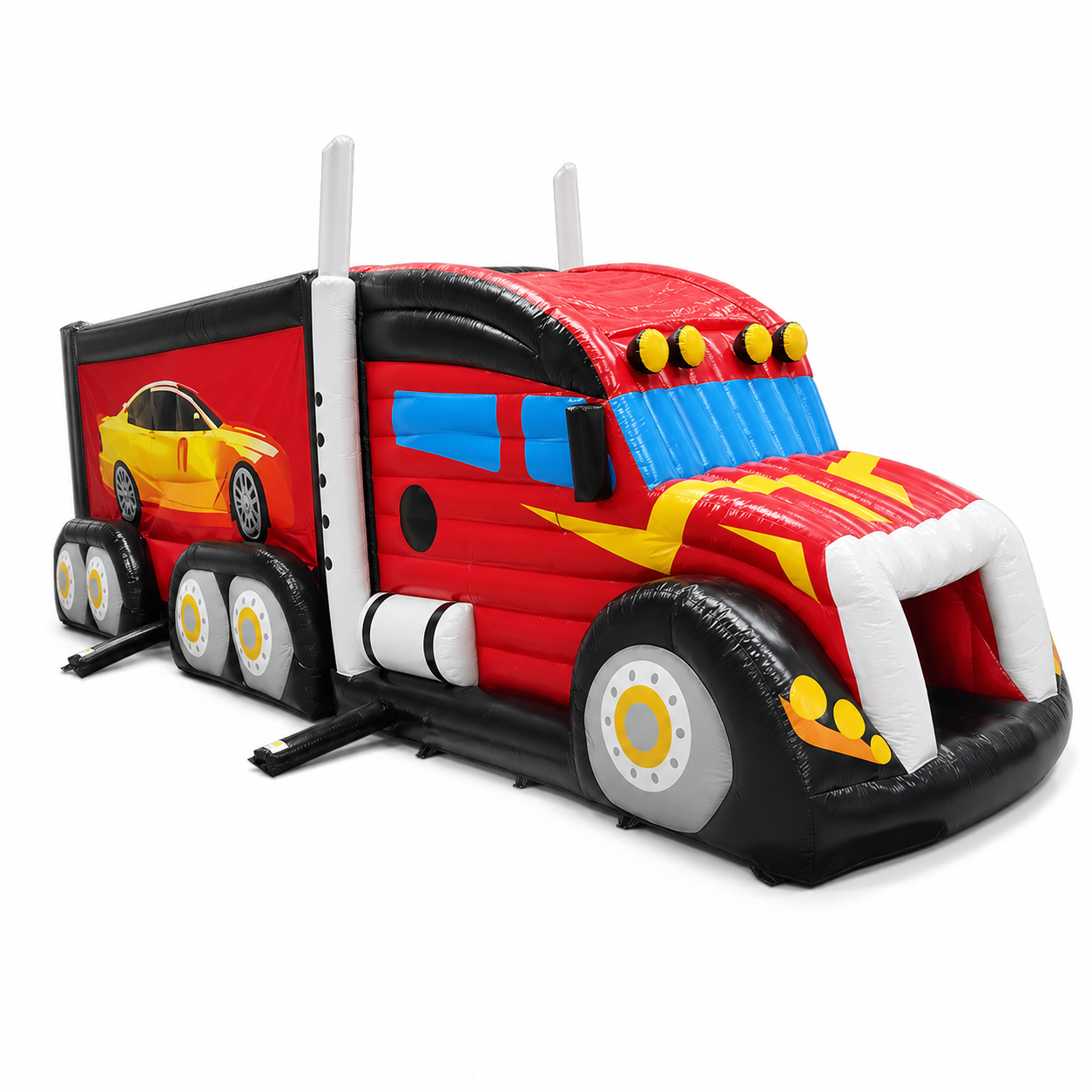 Commercial red semi-truck inflatable bounce house with detailed vehicle graphics on a white background