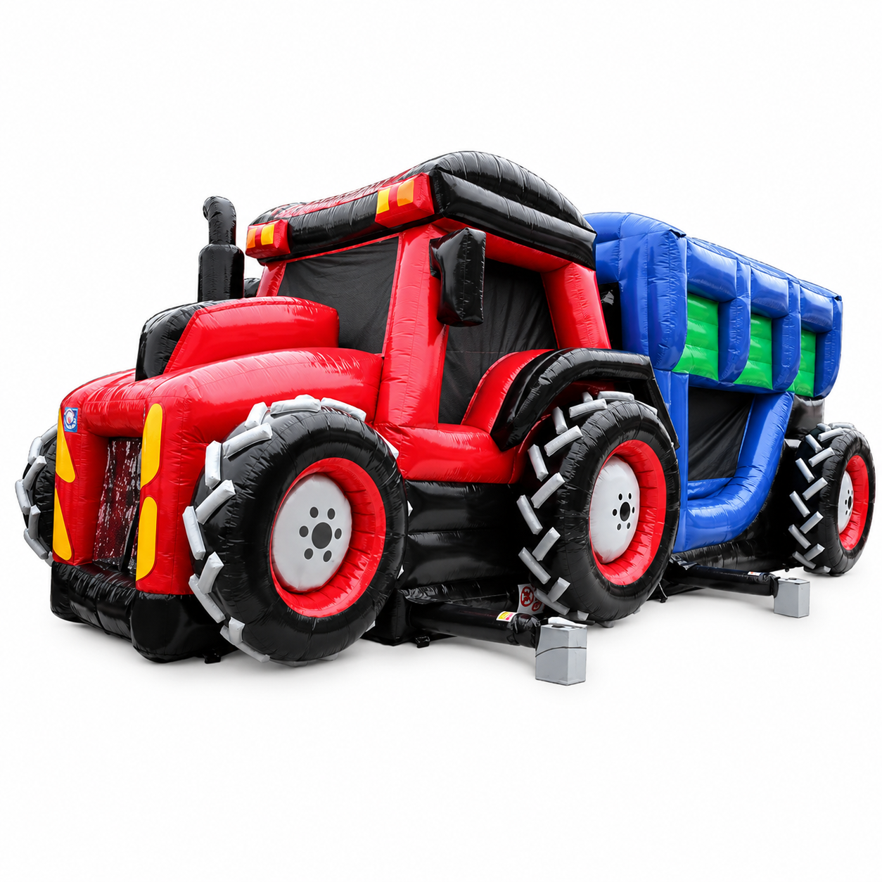 Commercial inflatable tractor bounce house with attached trailer, heavy-duty PVC construction, colorful farm-themed design, and white studio background for rental businesses, event companies, amusement centres, and commercial inflatable operators in Canada and the USA.