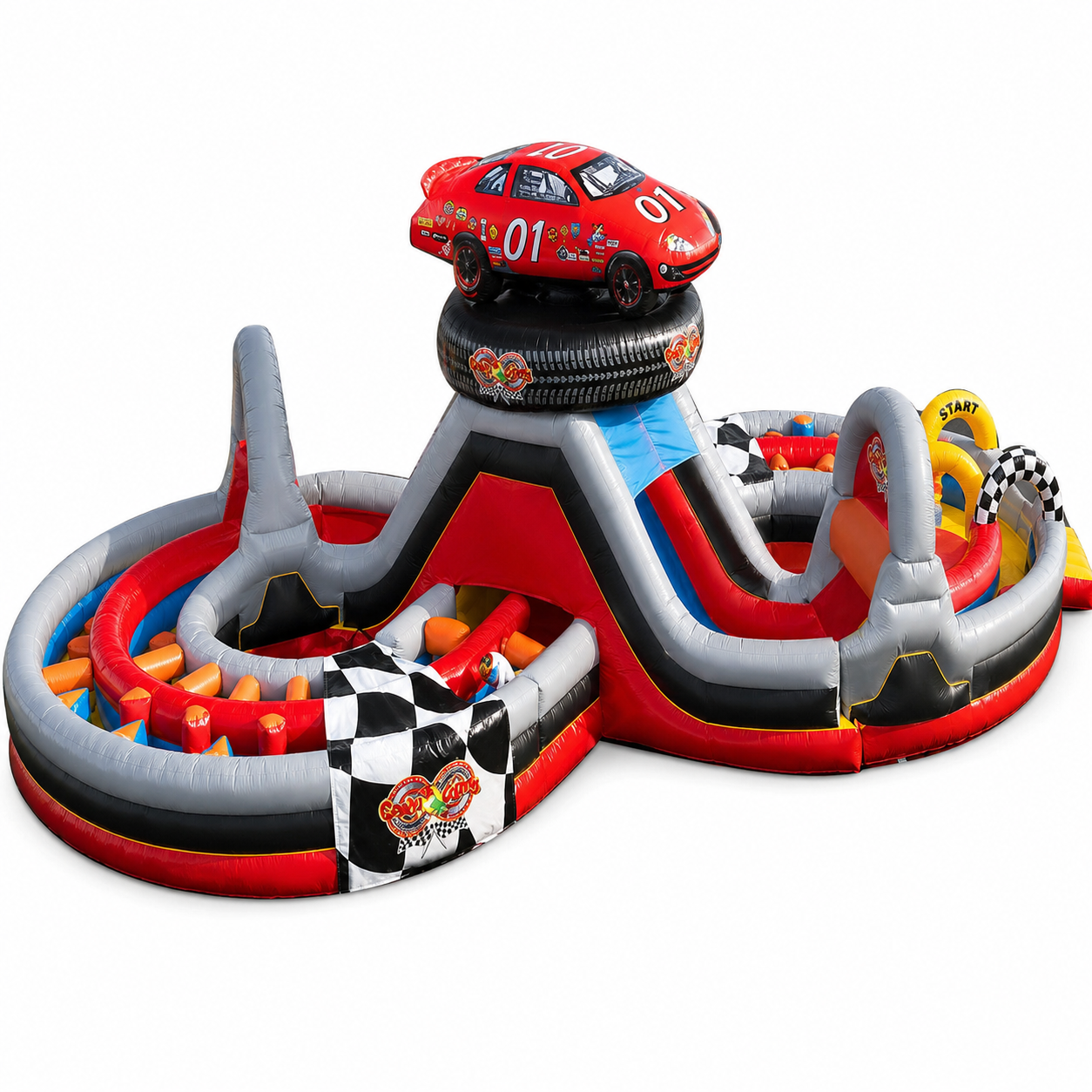 Commercial racing inflatable obstacle course with race car, tire tower and checkered flag details on a white background