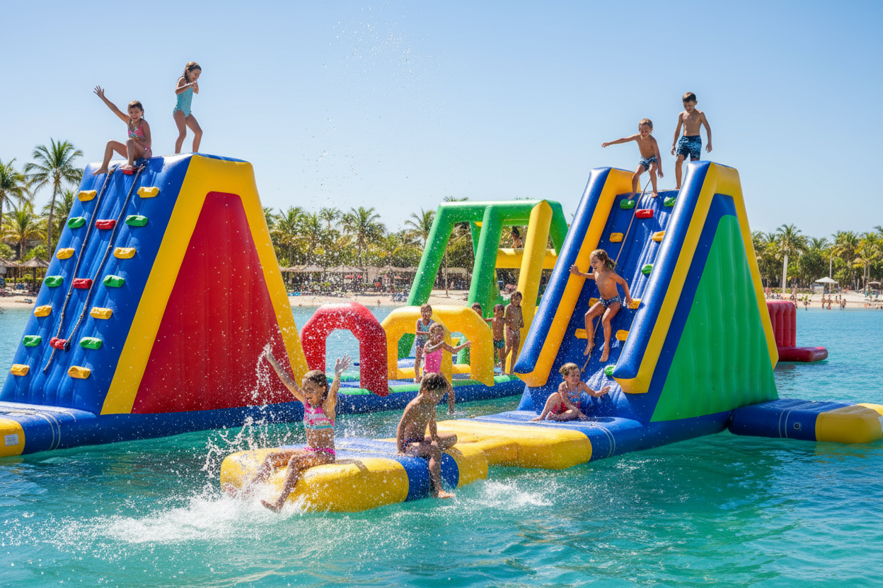 water inflatable obstacle course with kids